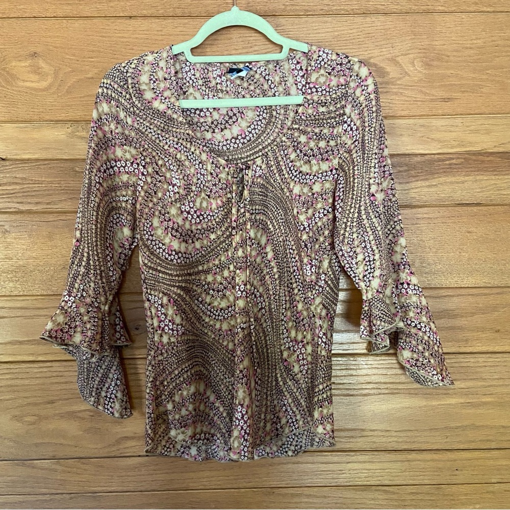Vintage 90s Y2K Anxiety boho brown and pink floral bell sleeve blouse